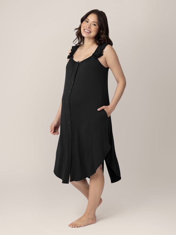 Ruffle Strap Labor & Delivery Gown | Black Discount