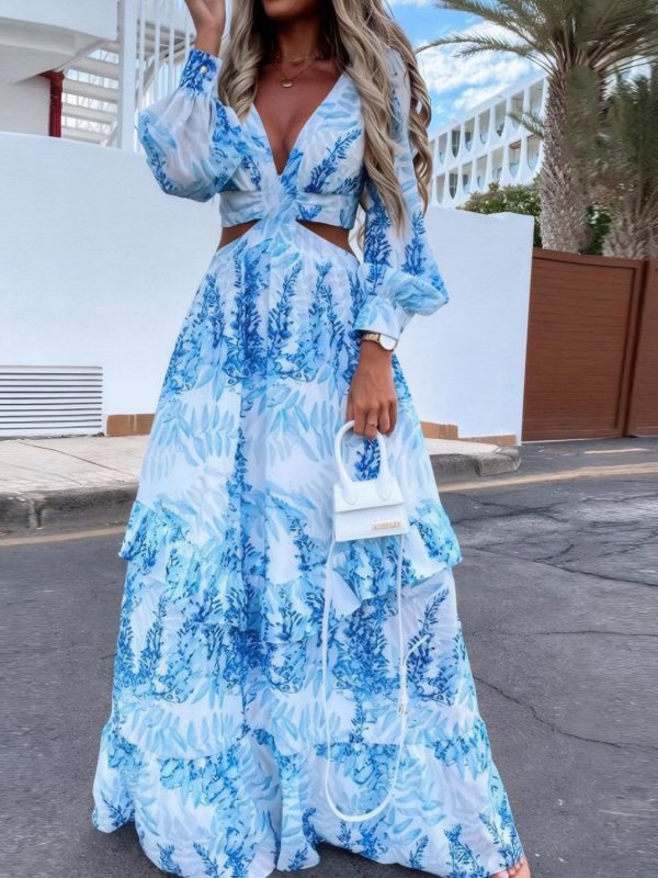 Hazel Blues® |  Ruffled Printed Cutout Plunge Maxi Dress Online Hot Sale