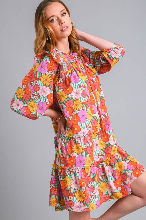 Hazel Blues® | Umgee Ruffled Flower Print Tie Neck Tiered Dress Discount - Image 2